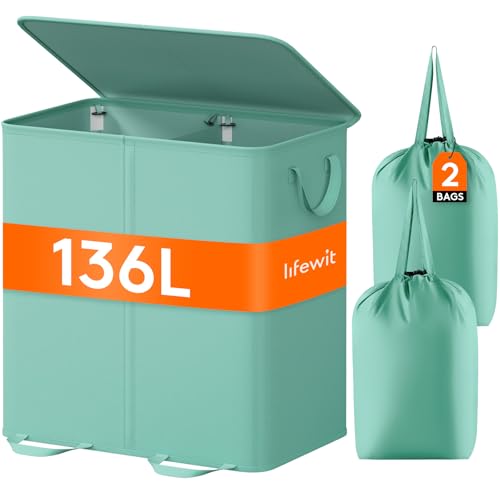 Lifewit Double Laundry Hamper with Lid and Removable Laundry Bags, Large Collapsible 2 Dividers Dirty Clothes Basket with Handles for Bedroom Laundry Room Closet Bathroom College, 136L Sage Green - color: Sage Green, size: 136L