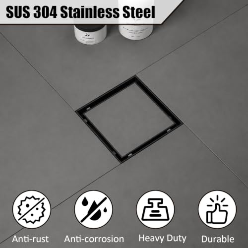 Tile Insert Square Shower Drain 6 in with Strainer, Matte Black | SUS 304 Stainless Steel, Removable Grate & Hair Strainer Design, for Bathroom, Kitchen, Balcony, Garage, Basement, Toilet - color: Matte Black, size: 6-Inch