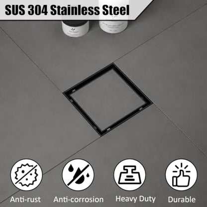 Tile Insert Square Shower Drain 6 in with Strainer, Matte Black | SUS 304 Stainless Steel, Removable Grate & Hair Strainer Design, for Bathroom, Kitchen, Balcony, Garage, Basement, Toilet - color: Matte Black, size: 6-Inch