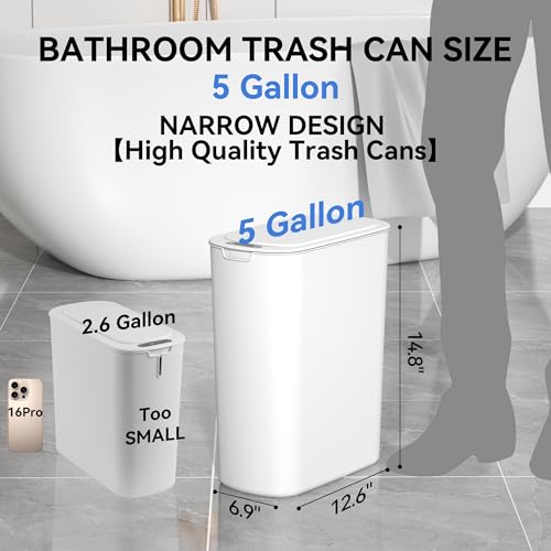 FRESHLIX Automatic Motion Sensor Bathroom Trash Can with Lid, 5 Gallon Touchless Trash Bin,Smart Electric Narrow Waterproof Garbage Bin for Toilet, Office, Bedroom, Living Room, Dorm (White - color: White