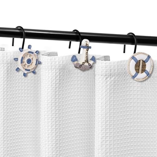 Sunlit Nautical Shower Curtain Hooks, Home Decorative Coastal Shower Curtain Rings with Black Hooks for Bathroom, Resin, Ocean Shower Curtain Hanger Hooks for Living Room, Set of 12, Blue Nautical Set - size: Nautical Set With Black Hooks