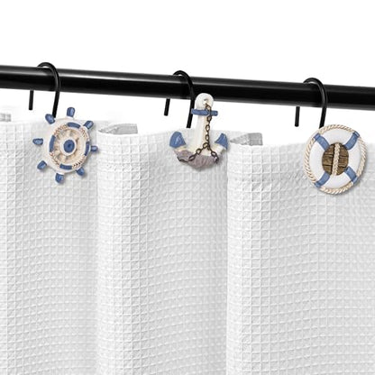 Sunlit Nautical Shower Curtain Hooks, Home Decorative Coastal Shower Curtain Rings with Black Hooks for Bathroom, Resin, Ocean Shower Curtain Hanger Hooks for Living Room, Set of 12, Blue Nautical Set - size: Nautical Set With Black Hooks