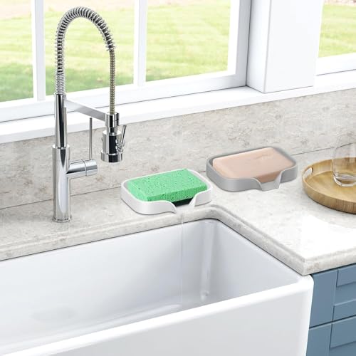 LANKIN Soap Holder Tray, White Kitchen Sink Organizer with Drainage, 2-Pack