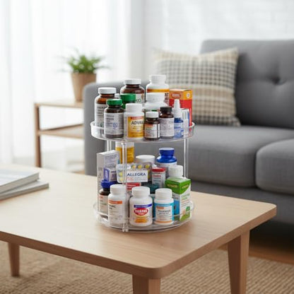 Lazy Susan 2-Tier Medicine Cabinet Organizer, Clear Plastic Spinning Spice Organization for Cabinet, Rotatable Makeup Organizer Countertop for Bathroom Vanity, Kitchen Pantry & Small Spaces Storage
