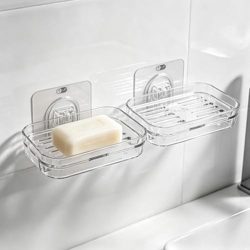 2 Pack Plastic Soap Dish for Shower Wall, Clear Shower Soap Holder with Strong Adhesive, Bar Soap Holder for Bathroom Storage & Kitchen Sink Organizer - size: 2 Pack