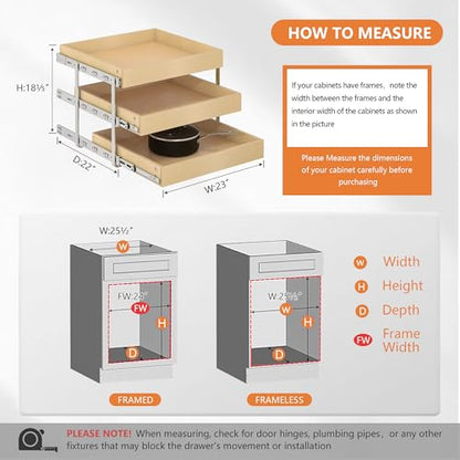 WelFurGeer 3-Tier Pull Out Cabinet Organizer with Soft Close, Heavy-Duty Slide Out Drawers for Cabinets, Pull Out Drawers for Cabinets, Bottom Mount Shelves for Kitchen, Pantry, Bathroom - size: 23''W x22''D
