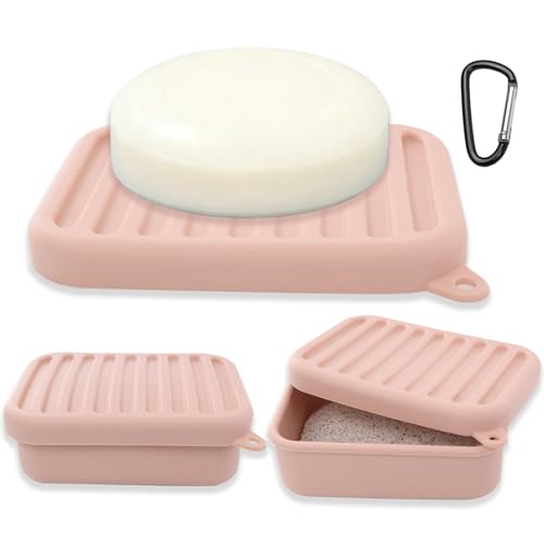Silicone Travel Soap Case with Lid & Drain Tray, Leakproof, for Travel | Food-grade silicone, Leakproof seal, Built-in hook, Removable drain pad doubles as soap holder, For gym, travel, camping - color: Pink
