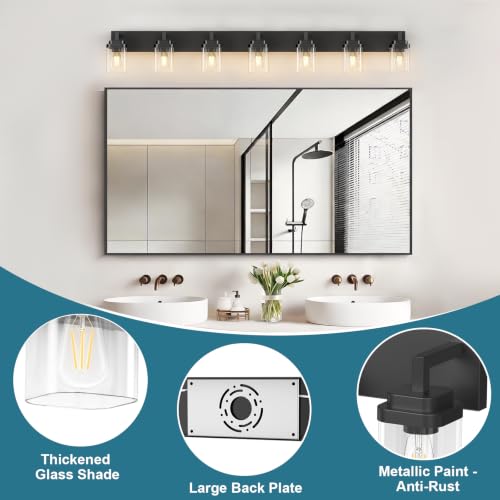 Matte Black Bathroom Light Fixtures, Modern Vanity Lights with Clear Glass Lamp Shade, Bathroom Lighting Fixtures Over Mirror, Restroom Vanity Lighting Fixture, 7-Light 52 Inch - color: Blakc, size: 7-Light