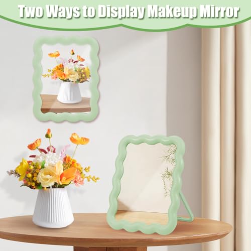Desk Mirror, Wave-Shaped Adjustable Desk Vanity Makeup Mirror Office Cubicle with Eyebrows Tweezer, 6.7*5.3In Cute Travel Portable Folding Make Up Mirrors for Standing Hanging Home Decoration(Green)