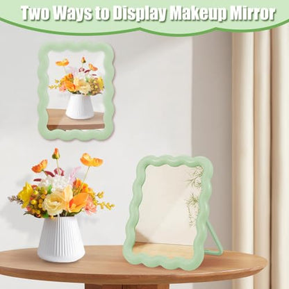 Desk Mirror, Wave-Shaped Adjustable Desk Vanity Makeup Mirror Office Cubicle with Eyebrows Tweezer, 6.7*5.3In Cute Travel Portable Folding Make Up Mirrors for Standing Hanging Home Decoration(Green)