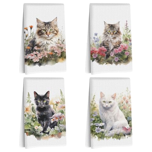 Lovdazzles 4 Pcs Cat Flower Kitchen Towels Decorative Tea Towel | Absorbent Microfiber Dish Cloth, Waffle Soft Hand Towels for Home, Farmhouse, Bathroom Decor, Cat Lover Gifts for Women - color: Multi 1657