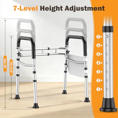 Toilet Safety Rails for Seniors, Adjustable Height & Width Toilet Safety Frame with Handles (350LB Capacity), Elderly Assistance Products for Handicapped, Foldable Toilet Bars Fits Any Toilet - color: Silvery