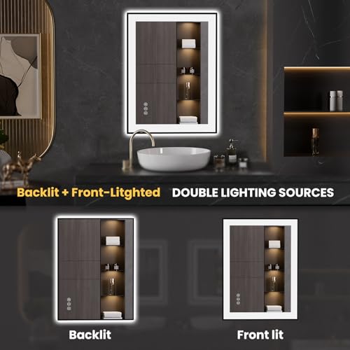 LOAAO 24"X32" LED Bathroom Mirror Black Framed | Anti-Fog, Dimmable, Memory Function, Tempered Glass, Lighted Vanity Mirror for Wall - size: 24"L x 32"W