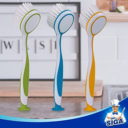 MR.SIGA Round Dish Brush with Suction Cup, Pack of 3 | Scrub brush for dishes, pans, pots, kitchen sink cleaning, dish brush with handle