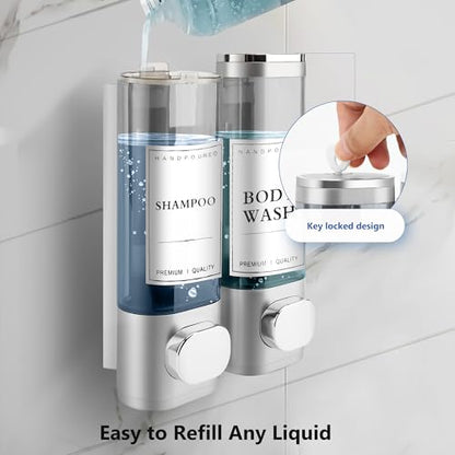 Shampoo and Conditioner Dispenser, 2 Chamber 300ml, Wall Mounted, Sliver | Shower Soap Dispenser, Refillable Hand Soap Dispensers, Body Wash Dispenser for Bathroom, Kitchen, Hotel, Home - color: Silver, size: 2 Chamber