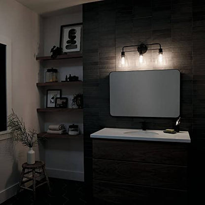 Kichler Meller 24 in 3-Light Bathroom Vanity Light Fixture with Clear Glass in Black for Modern Bathroom Lighting over Mirror, Wall Mount Sconce (7 in x 11.25 in x 24 in), 55102BK - color: Black, style: 3 Light