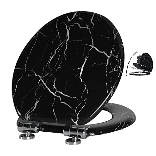 Angel Shield Marble Toilet Seat Durable Molded Wood with Quiet Close,Easy Clean，Quick-Release Hinges (Round,Black Marble) - color: Black Marble-Round, size: Round-16.5“