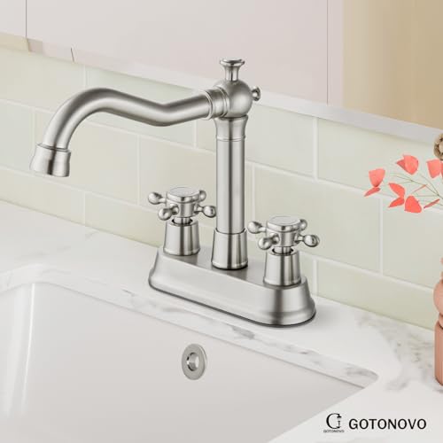 gotonovo 4 Inch Centerset Bathroom Faucet 2 Cross Handles Deck Mount 2 Hole Lavatory Vanity Utility Mixer Tap with Water Supply Hoses and Pop Up Drain RV Farmhouse, Brushed Nickel - color: Brushed Nickel
