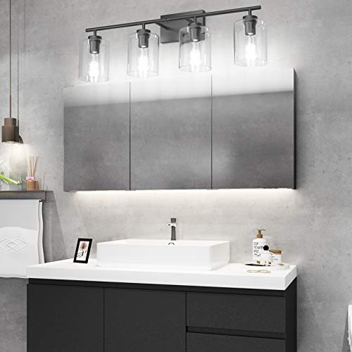 Aipsun 4 Lights Black Bathroom Vanity Light Over Mirror with Clear Glass Shades Industrial Bathroom Light Fixtures (Exclude Bulb) - size: 31 inch