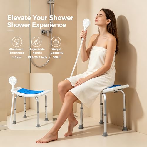 Heavy Duty Shower Chair with 6 Height Adjustments, 300 lbs Capacity Aluminum Frame, No Tool Required Assembly Bath Seat with EVA Cushion & Shower Holder for Elderly & Disabled
