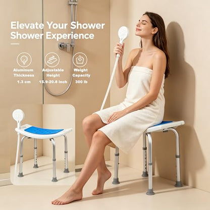 Heavy Duty Shower Chair with 6 Height Adjustments, 300 lbs Capacity Aluminum Frame, No Tool Required Assembly Bath Seat with EVA Cushion & Shower Holder for Elderly & Disabled