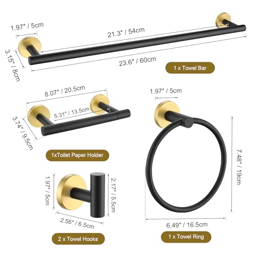 TURS Black and Gold 5 Piece Bathroom Hardware Set, SUS304 Stainless Steel Gold Black Towel Bar Set, 24 Inch Rould Bathroom Accessories Kit Wall Mounted - color: Black&gold