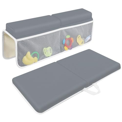 JJGoo Bath Kneeler with Elbow Rest Pad Set, 1.5 inch Kneeling Pad Mat for Bathtub Baby Bathing Parents, Painless Foam Mat with Toy Organizer Pockets, Non-Slip for Baby and Toddler Bathing，Dark Grey - color: Dark Grey