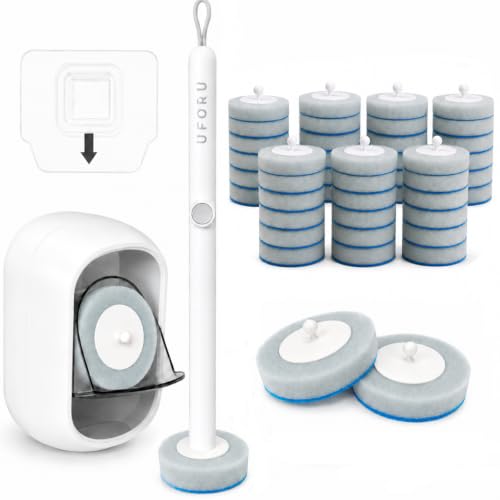 UFORU Disposable Toilet Brush and Holder Set, Toilet Wand Kit, 42 Refills | Preloaded Foaming Heads, Hands-Free Release, Flexible Under-Rim Reach, Auto-Open Caddy, Wall-Mount Storage, Bathroom & RV Use