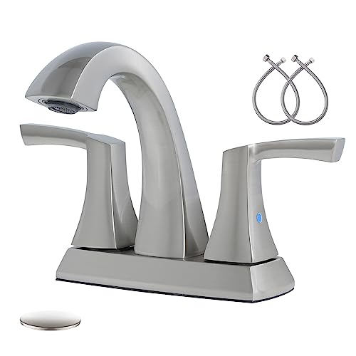 VXV Bathroom Faucet Brushed Nickel, 2 Handles Low Arc Bathroom Sink Faucets, 4 Inch Centerset Bath Lavatory Faucets with Pop-up Drain & Faucet Supply Lines (BN) - color: ‎Brushed Nickel-4 inches