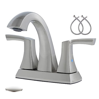VXV Bathroom Faucet Brushed Nickel, 2 Handles Low Arc Bathroom Sink Faucets, 4 Inch Centerset Bath Lavatory Faucets with Pop-up Drain & Faucet Supply Lines (BN) - color: ‎Brushed Nickel-4 inches