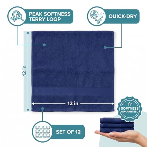 Sofea 100% Cotton Washcloths Set of 12, (12 x 12 Inch) 520 GSM Wash Cloths, Extra Soft Absorbent Quick Dry Face Towels - color: Navy Blue