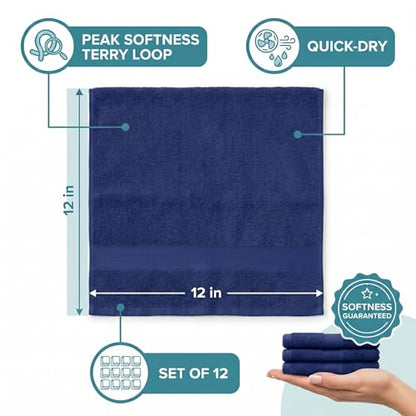 Sofea 100% Cotton Washcloths Set of 12, (12 x 12 Inch) 520 GSM Wash Cloths, Extra Soft Absorbent Quick Dry Face Towels - color: Navy Blue