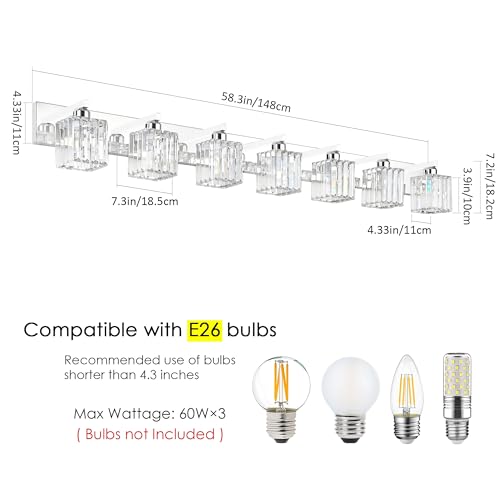 Aipsun Bathroom Vanity Light Fixtures Chrome Vanity Light for Bathroom Crystal Vanity Lighting Fixtures 7 Light (Exclude Bulb) - color: Chrome, size: 58 inch