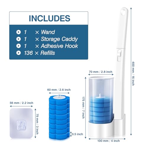 Disposable Toilet Brush with 136 Refills, Toilet Bowl Wand and Holder, White Toilet Cleaning Brush, Toilet Bowl Wand Kit Wall-Mounted, Toilet Brush Refill for Efficient and Deep Scrub Toilet