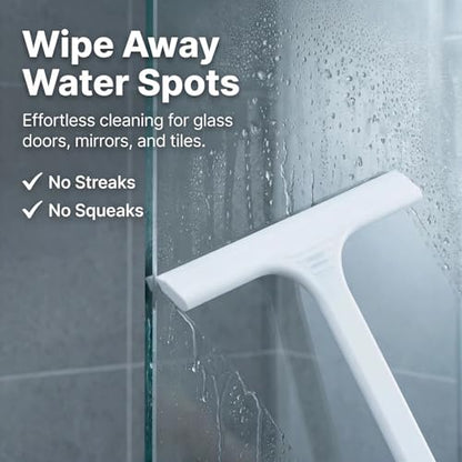 Silicone Shower Squeegee - All-in-One Design with Built-in Hook, 10 Inch Streak-Free Bathroom and car Cleaner for Glass Doors, Mirrors, Windows, Tiles White