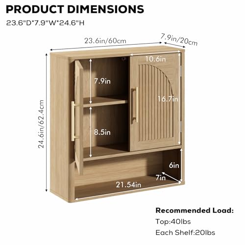 RUSTOWN Fluted Bathroom Wall Cabinet with Arched Doors & Rounded Edges | Over The Toilet Storage Cabinet with Adjustable Shelf, Mid Century Modern Medicine Cabinets, Laundry & Kitchen Shelving Unit - color: Natural Oak