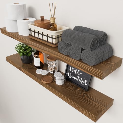 Solid Wood Floating Shelves for Wall 36 Inches Long, Walnut Wooden Shelf | Real Wood, Heavy Duty, Wall Mounted, Bedroom Bathroom Kitchen Living Room Rustic, Walnut Finish, 36W × 6.7D, Set of 2 - color: Walnut, size: 36 Inch