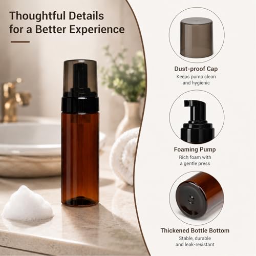 5 Packs 120ml (4oz) Amber Plastic Foam Pump Bottles with Black Foaming Dispenser Refillable Travel Mousse Bottles with Clear Black Caps for Facial Cleanser, Soap, Shampoo, Skincare