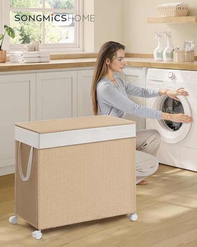 SONGMICS HOME Laundry Hamper with 3 Section, 140 L, Rattan, with Wheels | Rolling Clothes Basket with Lid, Removable Liner with Handles, Natural Beige and Matte White, PEZZO Collection ULCB602N01 - color: Natural Beige + Matte White, size: 140 L