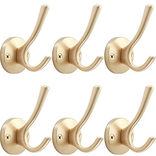 TOFIIGREM Gold Wall Hooks, 6 Pack Coat Robe Hook Heavy Duty Metal Double Bath Hook Wall Mounted, Hand Towel Hooks for Cubicle Bathroom Kitchen Closet Garage - color: Gold, size: 6 Pack
