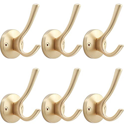 TOFIIGREM Gold Wall Hooks, 6 Pack Coat Robe Hook Heavy Duty Metal Double Bath Hook Wall Mounted, Hand Towel Hooks for Cubicle Bathroom Kitchen Closet Garage - color: Gold, size: 6 Pack