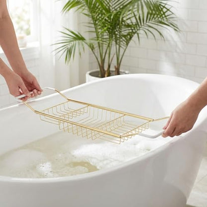 Cabilock Luxury Stainless Steel Bathtub Caddy Tray - 24.8in Expandable Modern Bath Rack for Tub with Wine Glass & Book Holder - Rustproof Shower Organizer & Tablet Stand for Home Spa, Gold - color: Golden
