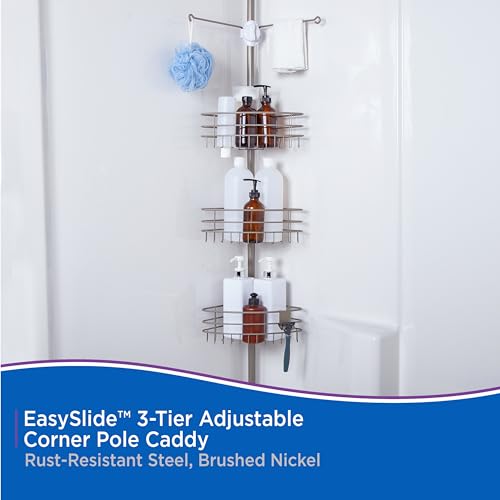 Kenney KN614128 Easy Slide Adjustable Height (6' 9"-9') Spring Tension Metal Corner Pole Shower Caddy with 3 Adjustable Rust-Resistant Basket Shelves, Towel Bars, and Razor Holders, Brushed Nickel