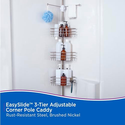 Kenney KN614128 Easy Slide Adjustable Height (6' 9"-9') Spring Tension Metal Corner Pole Shower Caddy with 3 Adjustable Rust-Resistant Basket Shelves, Towel Bars, and Razor Holders, Brushed Nickel