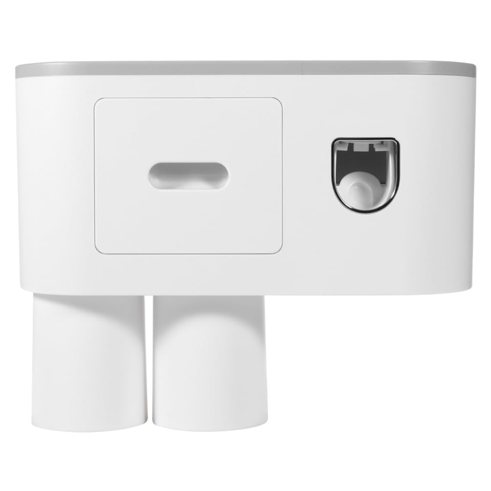 Wall Mounted Toothbrush Holder Set with Toothpaste Dispenser 2 Cups Punch Free Bathroom Toothbrush Organizer Rack Overhang Gargle Rack for Bathroom Storage