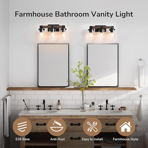 EDISHINE Farmhouse Vanity Lights for Bathroom, 3-Light Bathroom Vanity Lights Over Mirror, Wall Sconce with Clear Glass Shades for Vanity Table, Living Room(E26 Base) (Pack of 2) - size: 3-Light with Clear Glass Shade (Pack of 2)