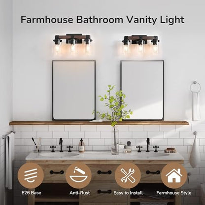 EDISHINE Farmhouse Vanity Lights for Bathroom, 3-Light Bathroom Vanity Lights Over Mirror, Wall Sconce with Clear Glass Shades for Vanity Table, Living Room(E26 Base) (Pack of 2) - size: 3-Light with Clear Glass Shade (Pack of 2)