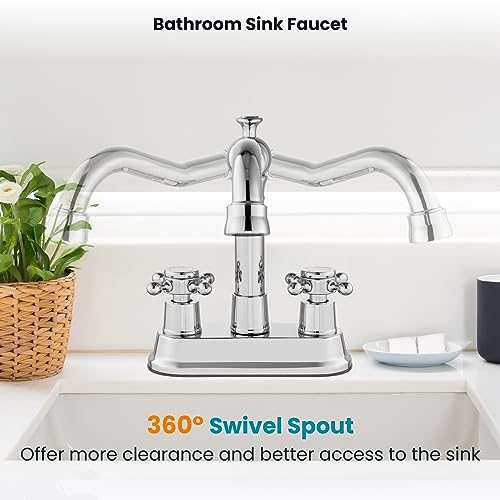 gotonovo 4 Inch Centerset Bathroom Faucet 2 Cross Handles Deck Mount 2 Hole Lavatory Vanity Utility Mixer Tap with Water Supply Hoses and Pop Up Drain RV Farmhouse, Polish Chrome - color: Polish Chrome