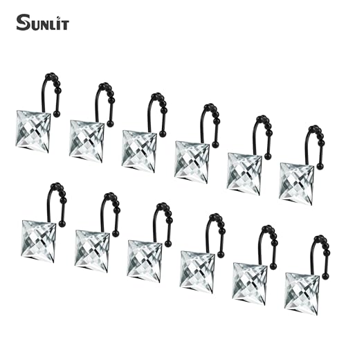 Sunlit Luxury Design Square Clear Diamond Crystal Gem Bling with Glide Balls Shower Curtain Hooks, Rust Proof Metal Rhinestones Glam Shower Curtain Rings with Black Hooks, Set of 12 - color: Clear With Black Hooks
