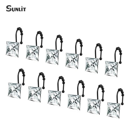 Sunlit Luxury Design Square Clear Diamond Crystal Gem Bling with Glide Balls Shower Curtain Hooks, Rust Proof Metal Rhinestones Glam Shower Curtain Rings with Black Hooks, Set of 12 - color: Clear With Black Hooks